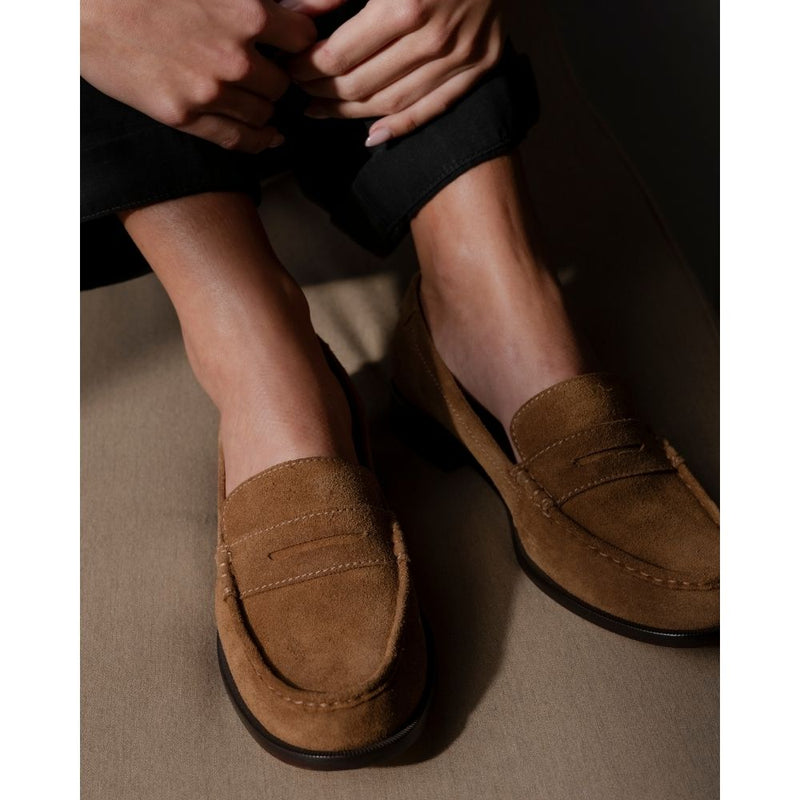 Steven Penny Loafer - Matisse Footwear - Bourbon suede penny loafers with a polished finish, classic moccasin stitching, and a low stacked heel. A timeless staple for effortless sophistication.