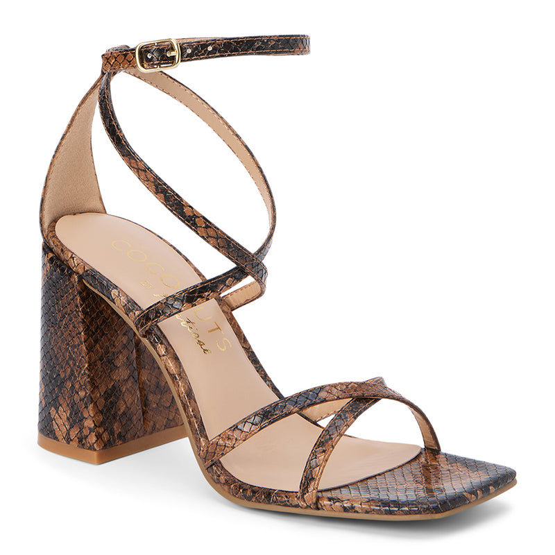 Women's brown snakeskin strappy block heel sandal with a square toe and adjustable ankle strap, featuring a textured faux reptile finish for a bold statement look