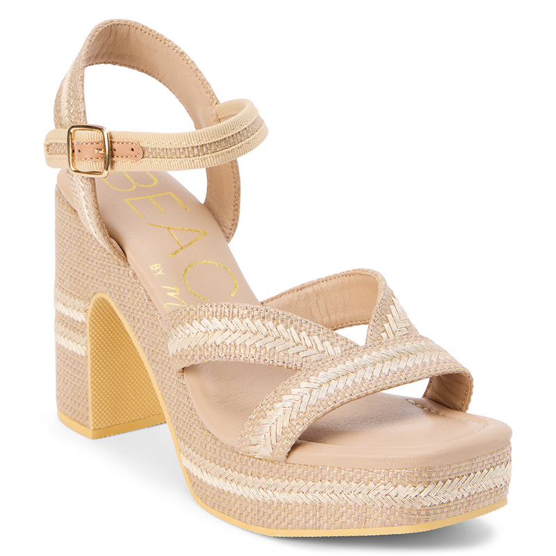 Women's light taupe raffia platform sandal with tonal woven detailing, crisscross straps, a chunky block heel, and an adjustable ankle strap for an effortlessly chic summer look.