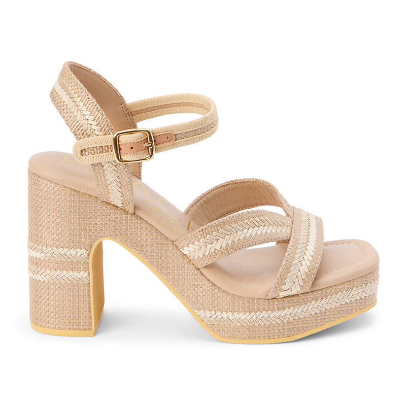 Women's light taupe raffia platform sandal with tonal woven detailing, crisscross straps, a chunky block heel, and an adjustable ankle strap for an effortlessly chic summer look.