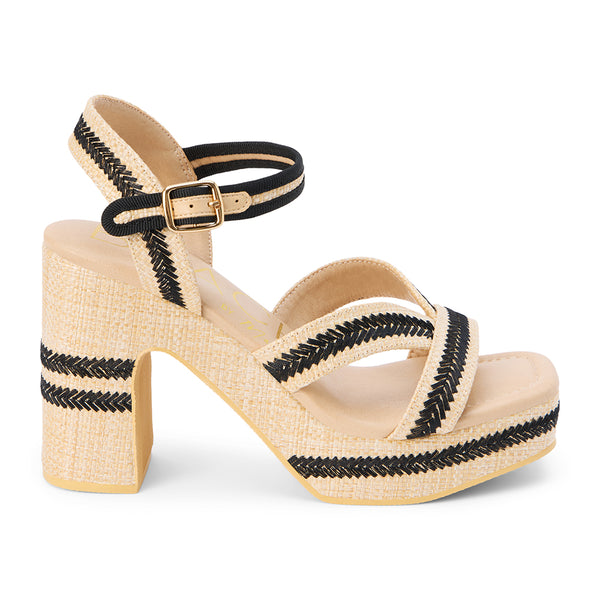 Women's natural raffia platform sandal with black woven detailing, crisscross straps, a chunky block heel, and an adjustable ankle strap for a chic, summer-ready style.