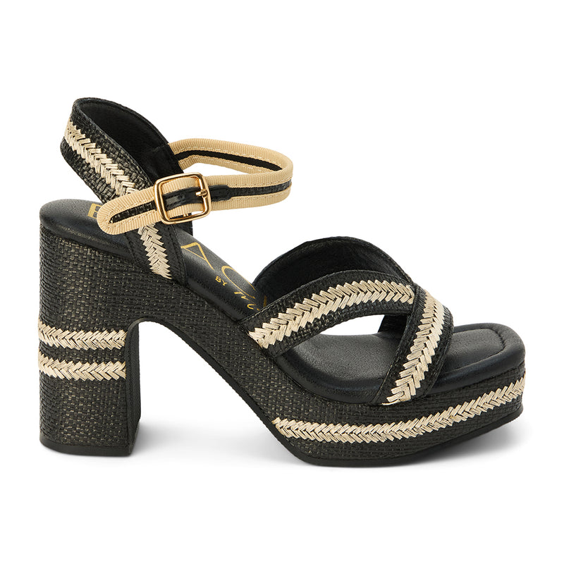 Women's black and natural raffia platform sandal with crisscross straps, a chunky block heel, and an adjustable ankle strap, featuring woven detailing for a stylish, summery look