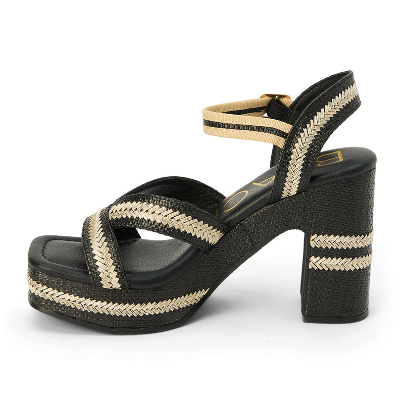 Women's black and natural raffia platform sandal with crisscross straps, a chunky block heel, and an adjustable ankle strap, featuring woven detailing for a stylish, summery look