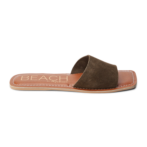 Dark brown suede slide sandals with a simple single-band design, perfect for casual summer wear and effortless style.