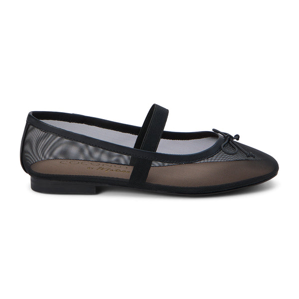 Stylish black mesh ballet flats featuring a delicate bow detail and a secure elastic strap across the instep. Designed with a breathable, sheer finish and a classic round-toe silhouette for an elegant, modern look.