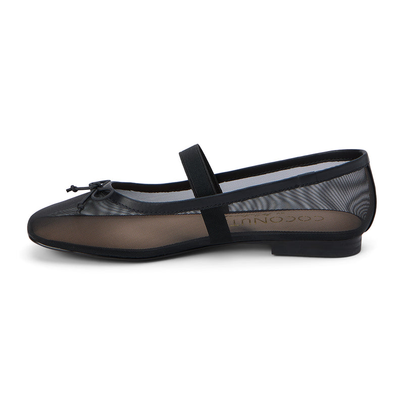 Stylish black mesh ballet flats featuring a delicate bow detail and a secure elastic strap across the instep. Designed with a breathable, sheer finish and a classic round-toe silhouette for an elegant, modern look.