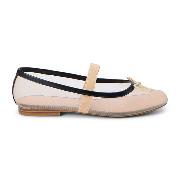 Elegant beige mesh ballet flats with a black trim, delicate bow accent, and a secure elastic strap. Featuring a sheer, breathable design and a classic round-toe silhouette for a chic and modern look.