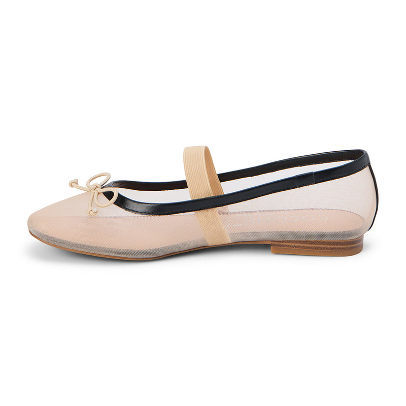 Elegant beige mesh ballet flats with a black trim, delicate bow accent, and a secure elastic strap. Featuring a sheer, breathable design and a classic round-toe silhouette for a chic and modern look.