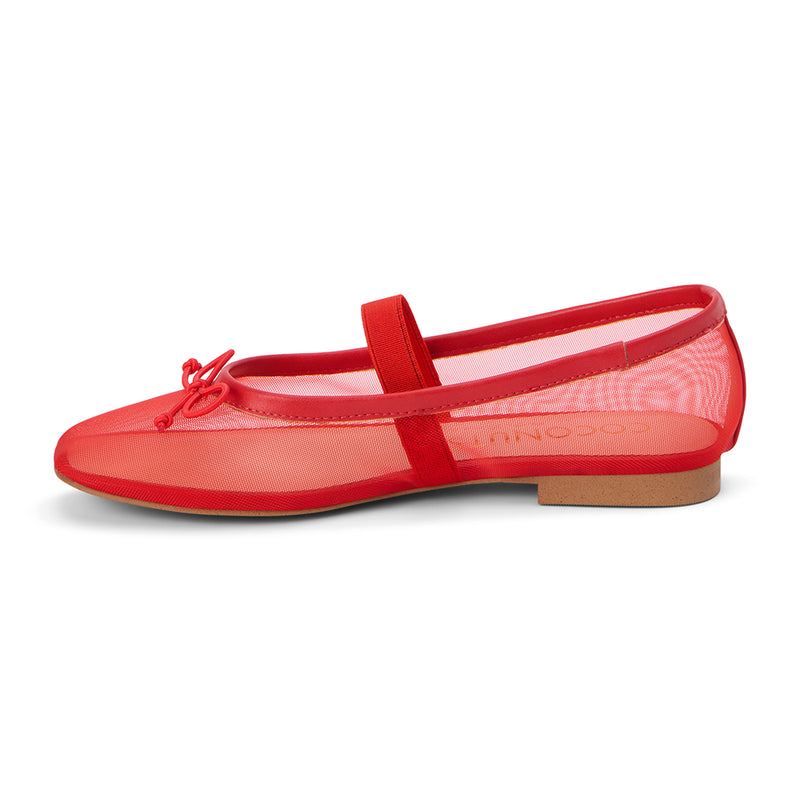 Bold and breathable, these red mesh ballet flats make a statement with their airy sheer design, delicate bow detail, and a secure elastic strap. A modern twist on a classic silhouette—effortlessly chic and versatile!