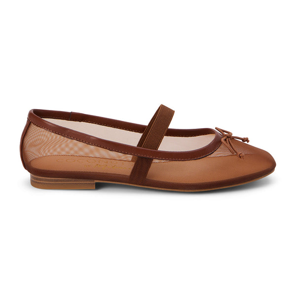 Chocolate mesh ballet flats with a breathable sheer design, delicate bow detail, and secure elastic strap. A modern take on a classic silhouette, perfect for effortless everyday wear.