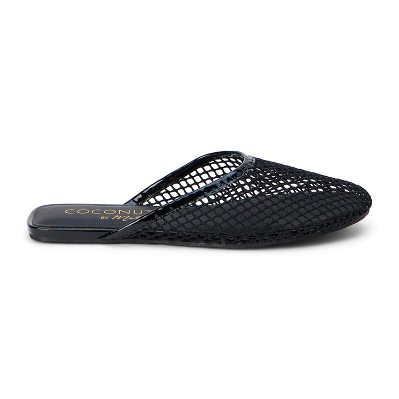 Sleek and breathable, these black mesh mule flats feature an airy open-weave design with a pointed toe and slip-on silhouette. Lightweight and effortlessly stylish for warm-weather wear.