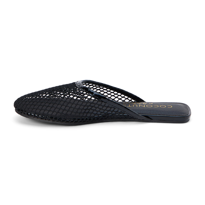 Sleek and breathable, these black mesh mule flats feature an airy open-weave design with a pointed toe and slip-on silhouette. Lightweight and effortlessly stylish for warm-weather wear.