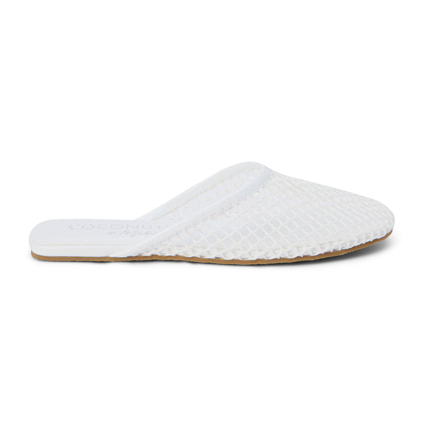 Light and airy, these white mesh mule flats feature a breathable open-weave design with a sleek pointed toe. A minimalist slip-on style perfect for effortless warm-weather dressing