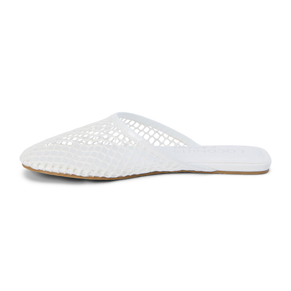 Light and airy, these white mesh mule flats feature a breathable open-weave design with a sleek pointed toe. A minimalist slip-on style perfect for effortless warm-weather dressing