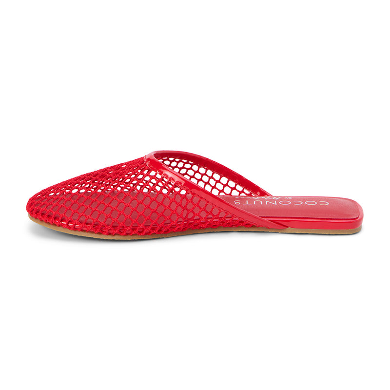 Bold and breathable, these red mesh mule flats feature an airy open-weave design with a pointed toe. A slip-on style that adds a statement touch to effortless warm-weather looks.