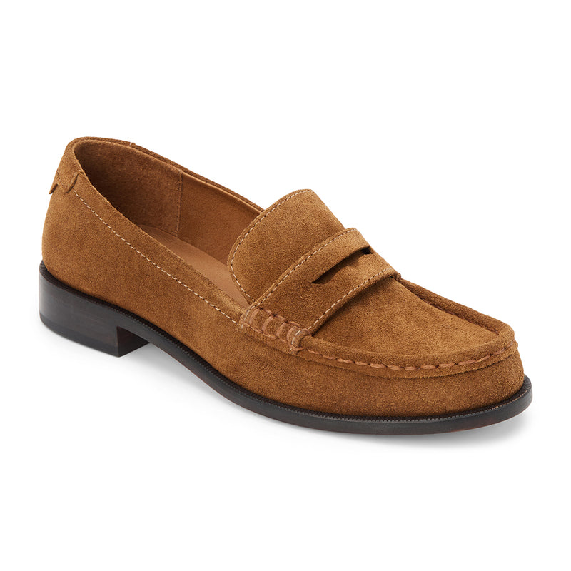 Bourbon suede penny loafers with a polished finish, classic moccasin stitching, and a low stacked heel. A timeless staple for effortless sophistication.