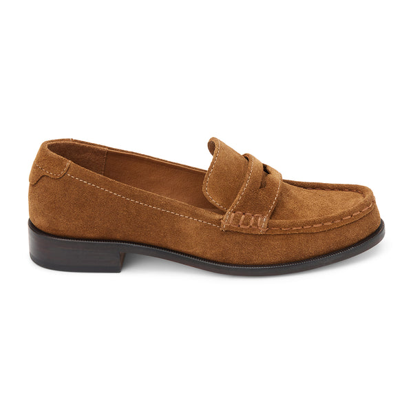 Bourbon suede penny loafers with a polished finish, classic moccasin stitching, and a low stacked heel. A timeless staple for effortless sophistication.