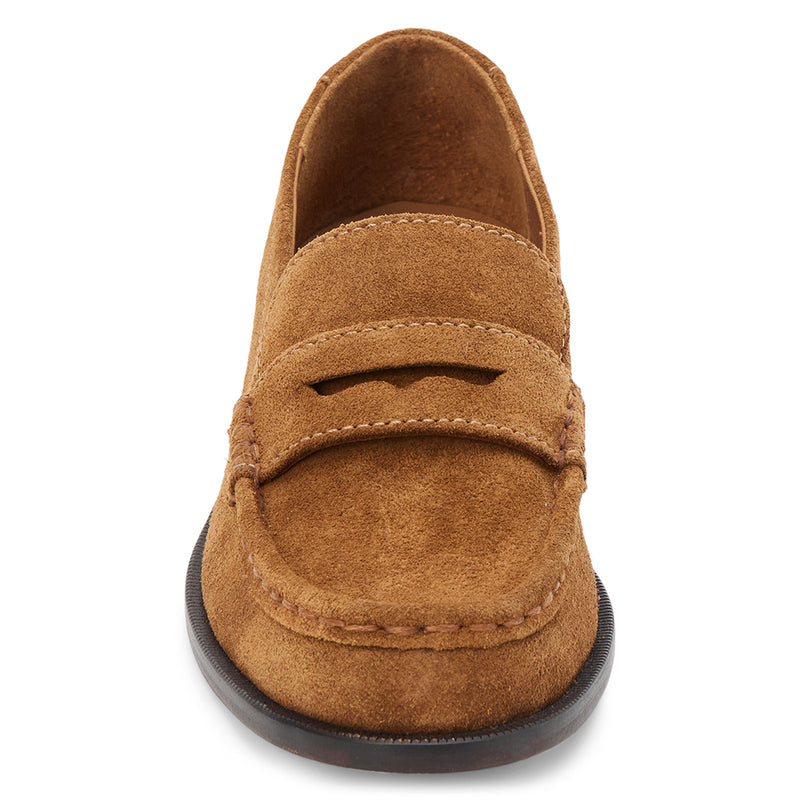 Steven Penny Loafer - Matisse Footwear - Bourbon suede penny loafers with a polished finish, classic moccasin stitching, and a low stacked heel. A timeless staple for effortless sophistication.